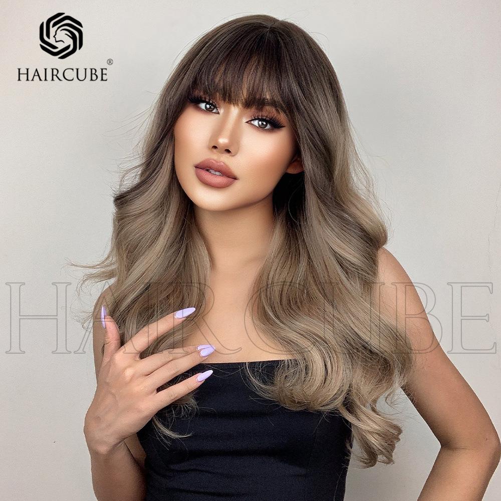 รหัส F64บรอน : วิกผมสายฝอมีหน้าม้า : สีน้ำตาลดำไฮไลท์น้ำตาลบรอน (แถมเน็ต+ขาตั้ง+ของแถม)
