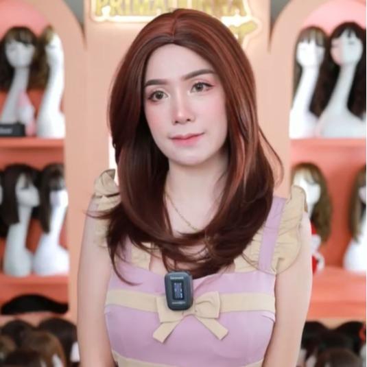 รหัส F2ไวน์ - วิกสายฝอผมลอนสวอนแสกข้าง : สีแดงไวน์ (แถมเน็ต+ขาตั้ง+ของแถม)
