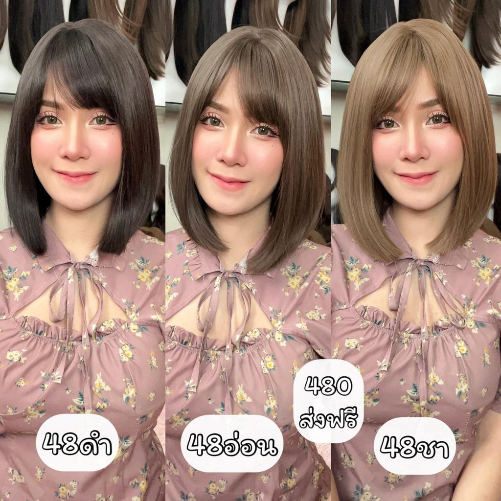 เบอร์ 48 Pinny - วิกผมตรงสั้นยาวปะบ่าปลายสไลด์เล็กน้อย ความยาว 33 ซม. หนังศีรษะเทียมซิกแซก (แถมเน็ต+ขาตั้ง+ของแถม)
