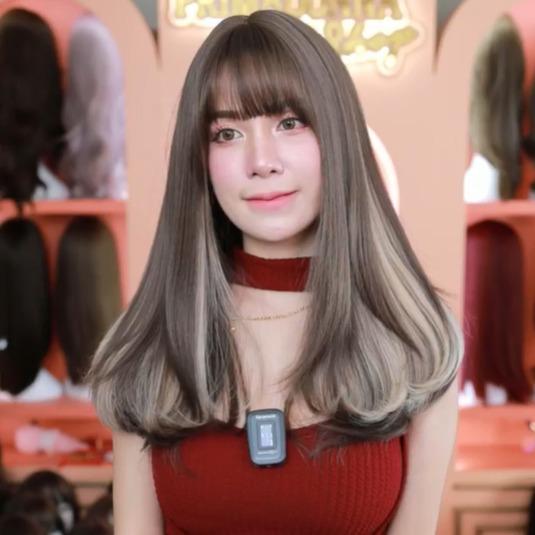 เบอร์ 82 : รหัส Milky - วิกผมลอนสวอนสีไฮไลท์ หนังศีรษะเทียมซิกแซก (แถมเน็ต+ขาตั้ง+ของแถม)