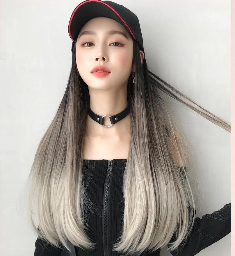 รหัส MZ06บรอน - วิกหมวกแก๊ปสีดำ : ผมด้านในตรงยาวสีไฮไลท์บรอน (แถมเน็ต+ขาตั้ง+ของแถม)