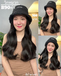 รหัส B90 - วิกหมวกสีดำขนนุ่ม : (ผมลอนยาว) ความยาว 50 ซม. แบบเย็บติดหมวก ถอดไม่ได้ (แถมเน็ต+ขาตั้ง+ของแถม)